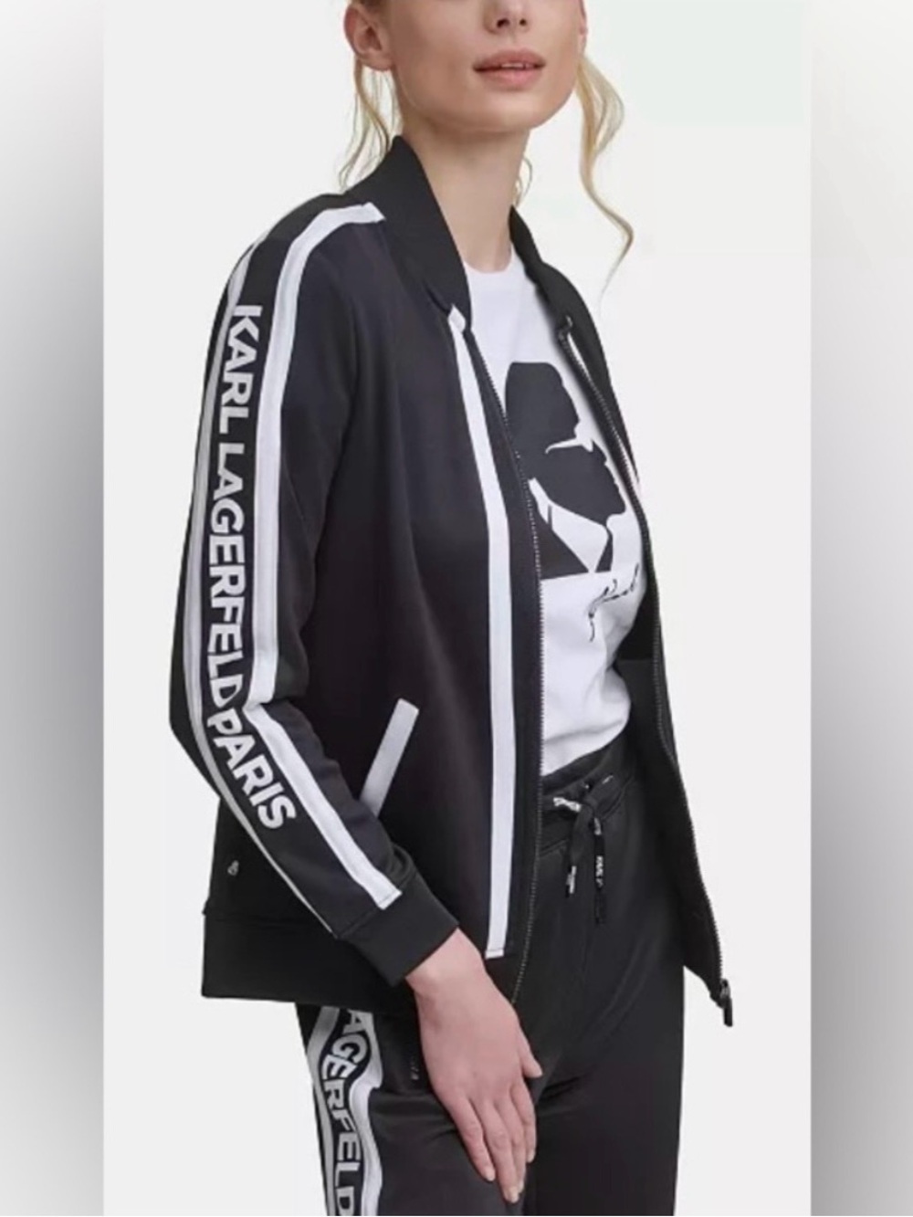 Karl Lagerfeld Black and White Logo-Trim Varsity Jacket Large